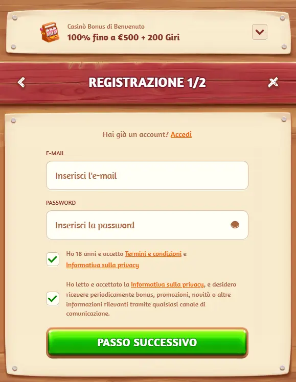 Registrazione su Billybets